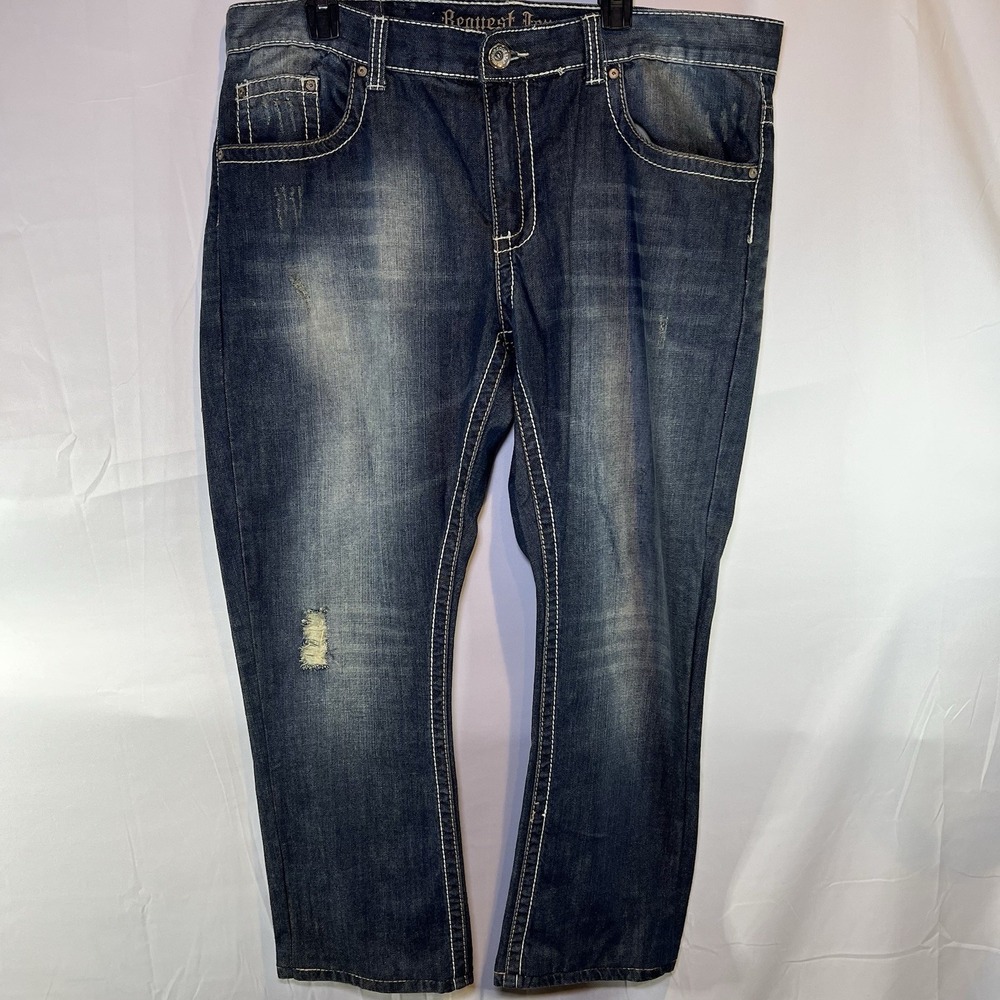 Men's Request Jeans Premium Distressed See Back Pocket Straight Leg Denim 38x32‎